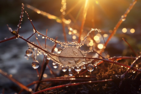 morning sun rays reflecting on frozen dew drops, created with generative aiの素材