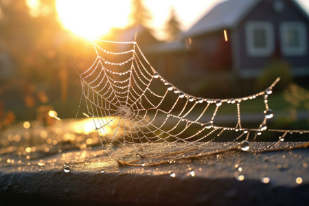morning sun illuminating diamond dust on a spider web, created with generative aiの素材
