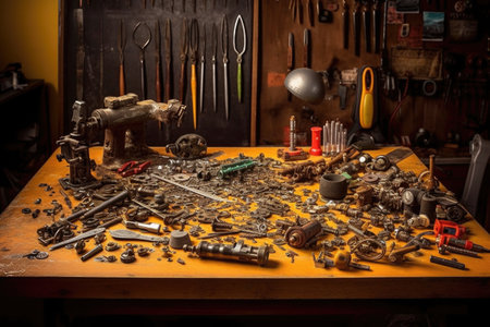 tools, screws, and small bike parts on workshop table, created with generative aiの素材