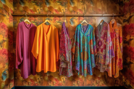 vibrant clothing patterns hanging in dressing room, created with generative aiの素材