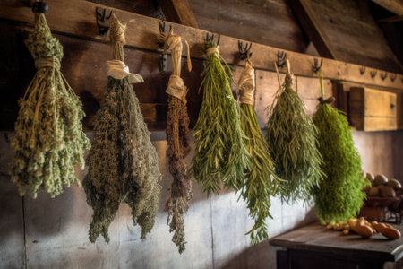 drying rosemary and thyme on rustic hooks, created with generative aiの素材