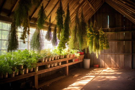 strings of hanging herbs creating shadows in a shed, created with generative aiの素材