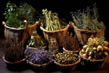 artistic arrangement of dried herbs in baskets, created with generative aiの素材