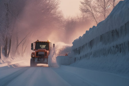 snow plow creating snow walls along the road, created with generative aiの素材