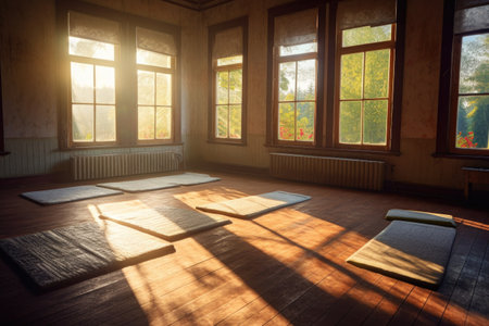sunlight streaming through windows onto empty yoga mats, created with generative aiの素材