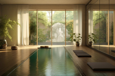 tranquil water feature in a peaceful yoga studio, created with generative aiの素材