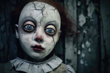 creepy doll with one eye missing, staring into darkness, created with generative aiの素材