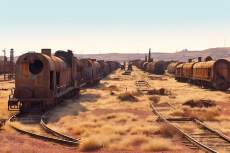 panoramic landscape of vast train graveyard, created with generative aiの素材