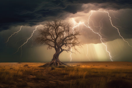 lightning striking a solitary tree in a storm, created with generative aiの素材