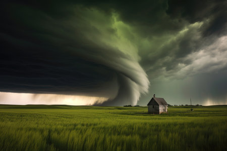 tornado funnel forming over flat prairie landscape, created with generative aiの素材