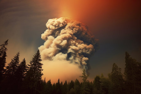 forest fire smoke plumes from a distance, created with generative aiの素材