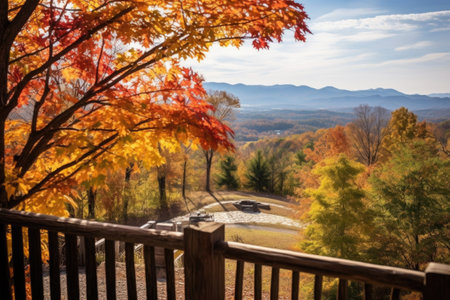 scenic overlook with autumn trees and distant mountain range, created with generative aiの素材