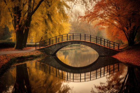 a peaceful bridge over a river with fall foliage, created with generative aiの素材