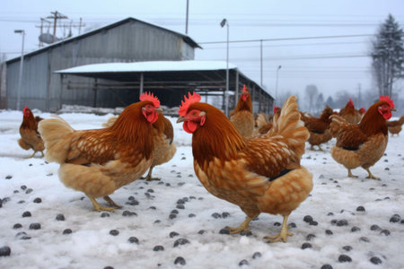 chickens pecking at feed on snowy ground, created with generative aiの素材
