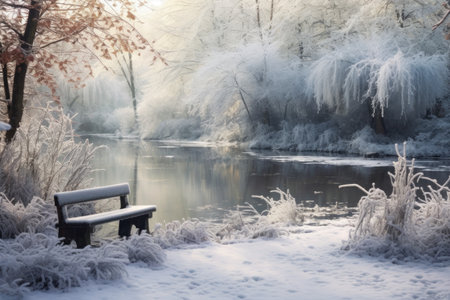 fresh snow on a park bench and frozen pond, created with generative aiの素材