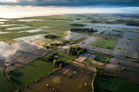 aerial view of a flooded agricultural field, created with generative aiの素材