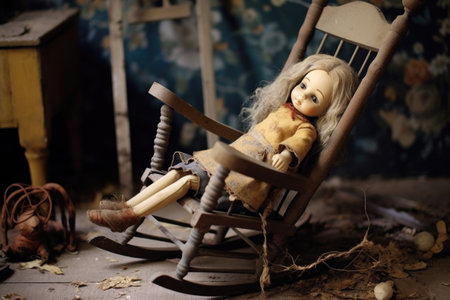 doll lying on a dusty, aged rocking chair, created with generative aiの素材