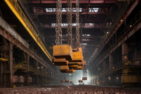 overhead crane lifting heavy metal ingots, created with generative aiの素材
