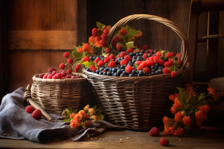 berry-filled basket on rustic wooden table, created with generative aiの素材