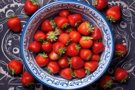 top view of strawberries in a ceramic bowl, created with generative aiの素材