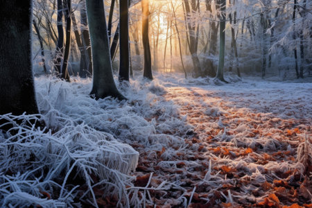 frost patterns on fallen leaves on forest ground, created with generative aiの素材