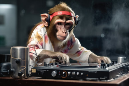 monkey dj mixing music on turntable, created with generative aiの素材