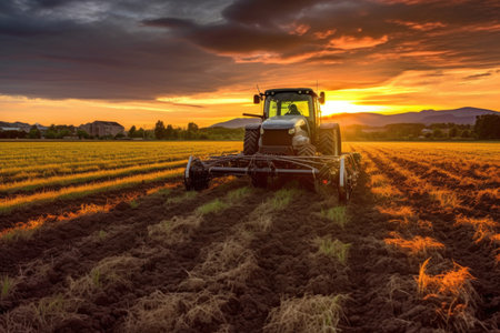autonomous agricultural machinery tilling fields at sunset, created with generative aiの素材