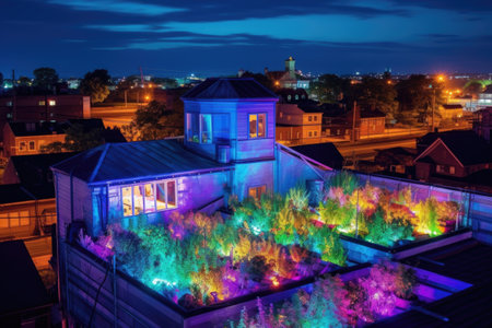 rooftop gardens illuminated by colorful led lights, created with generative aiの素材