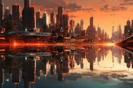 futuristic city reflecting in waterfront, created with generative aiの素材