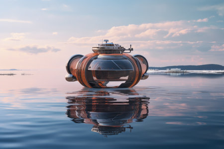 futuristic hovercraft floating above water, created with generative aiの素材