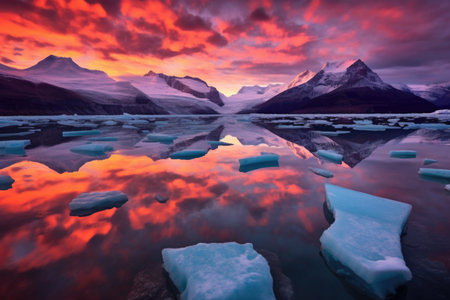 glacier calving at sunset with colorful sky reflections, created with generative aiの素材