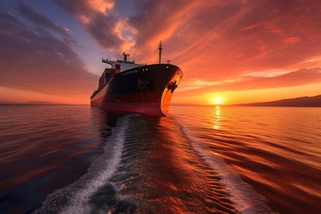 large cargo ship sailing in open sea during sunset, created with generative aiの素材