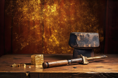 gold foil on wooden surface with hammer and anvil, created with generative aiの素材