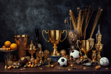 golden cup surrounded by trophies and medals, created with generative aiの素材