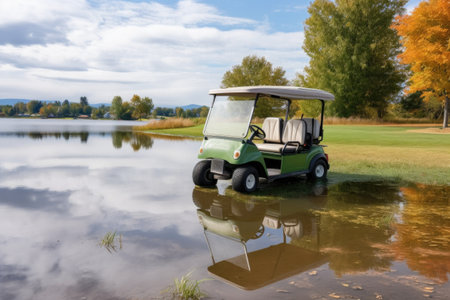 golf cart parked by a water hazard on the course, created with generative aiの素材
