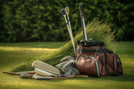 golf clubs in a bag, placed near a putting green, created with generative aiの素材