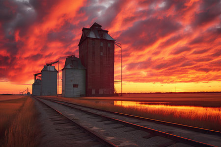 grain elevators at sunset with dramatic sky, created with generative aiの素材