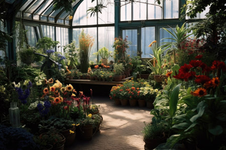greenhouse flowers in full bloom, created with generative aiの素材