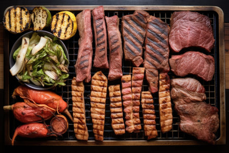 overhead view of a grill filled with various cuts of steak, created with generative aiの素材