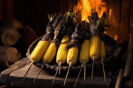 corn on the cob on skewers over hot coals, created with generative aiの素材