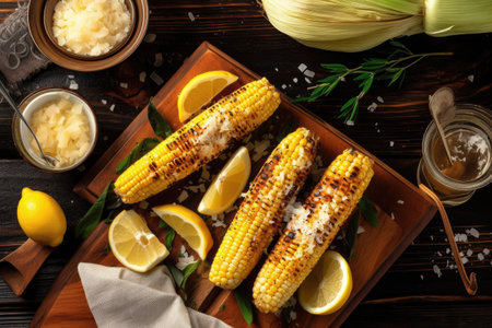 grilling corn on the cob with bbq smoke and flames, created with generative aiの素材