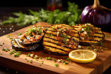 grilled eggplant on cedar with lemon wedges and seasonings, created with generative aiの素材