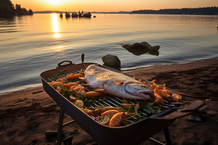 fish sizzling on a portable grill, boat anchored near shore, created with generative aiの素材