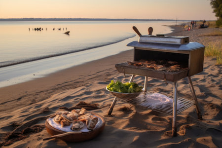 bbq grill with oysters and beach picnic setup, created with generative aiの素材