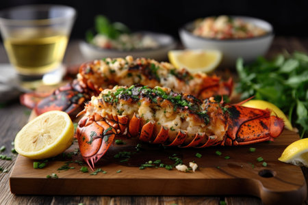 grilled lobster with garlic butter sauce nearby, created with generative aiの素材