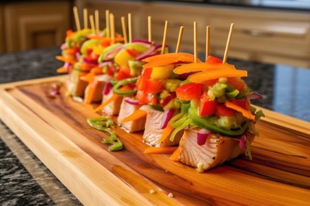 mahi mahi on cedar plank with colorful bell pepper skewers, created with generative aiの素材