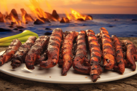 grilled octopus tentacles with char marks on beach backdrop, created with generative aiの素材