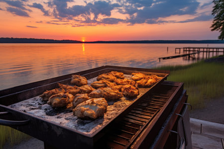 oysters grilling on a bbq with a coastal sunset view, created with generative aiの素材