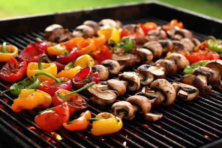 grilling mushrooms with colorful bell peppers, created with generative aiの素材