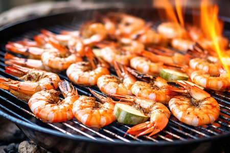 close-up of juicy prawns on a beach bbq grill, created with generative aiの素材